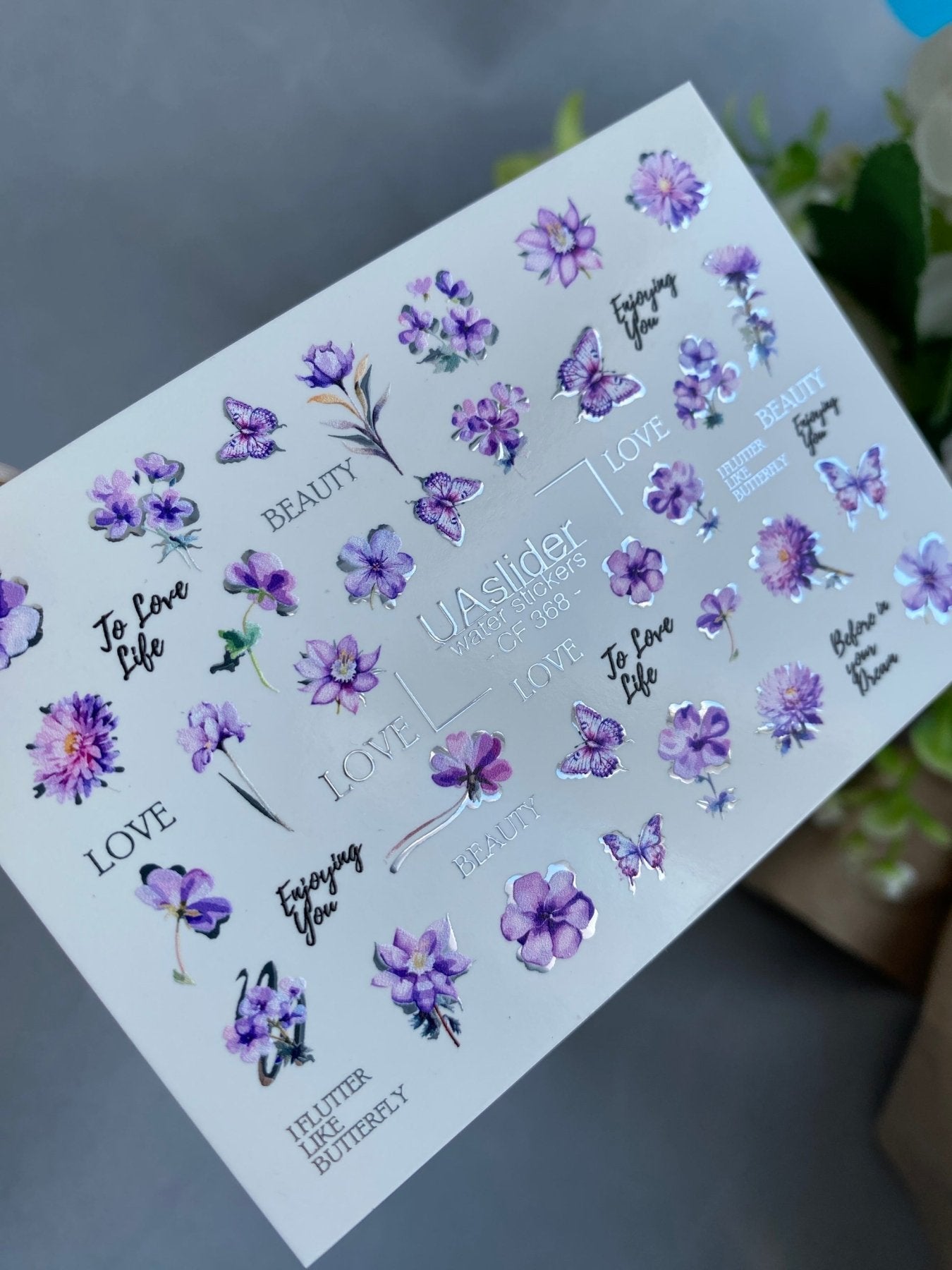 Nail Water Decal CF-368 | Water Slide Nail Decals | Purple Flowers, Butterflies & Love Quotes - UASLIDER