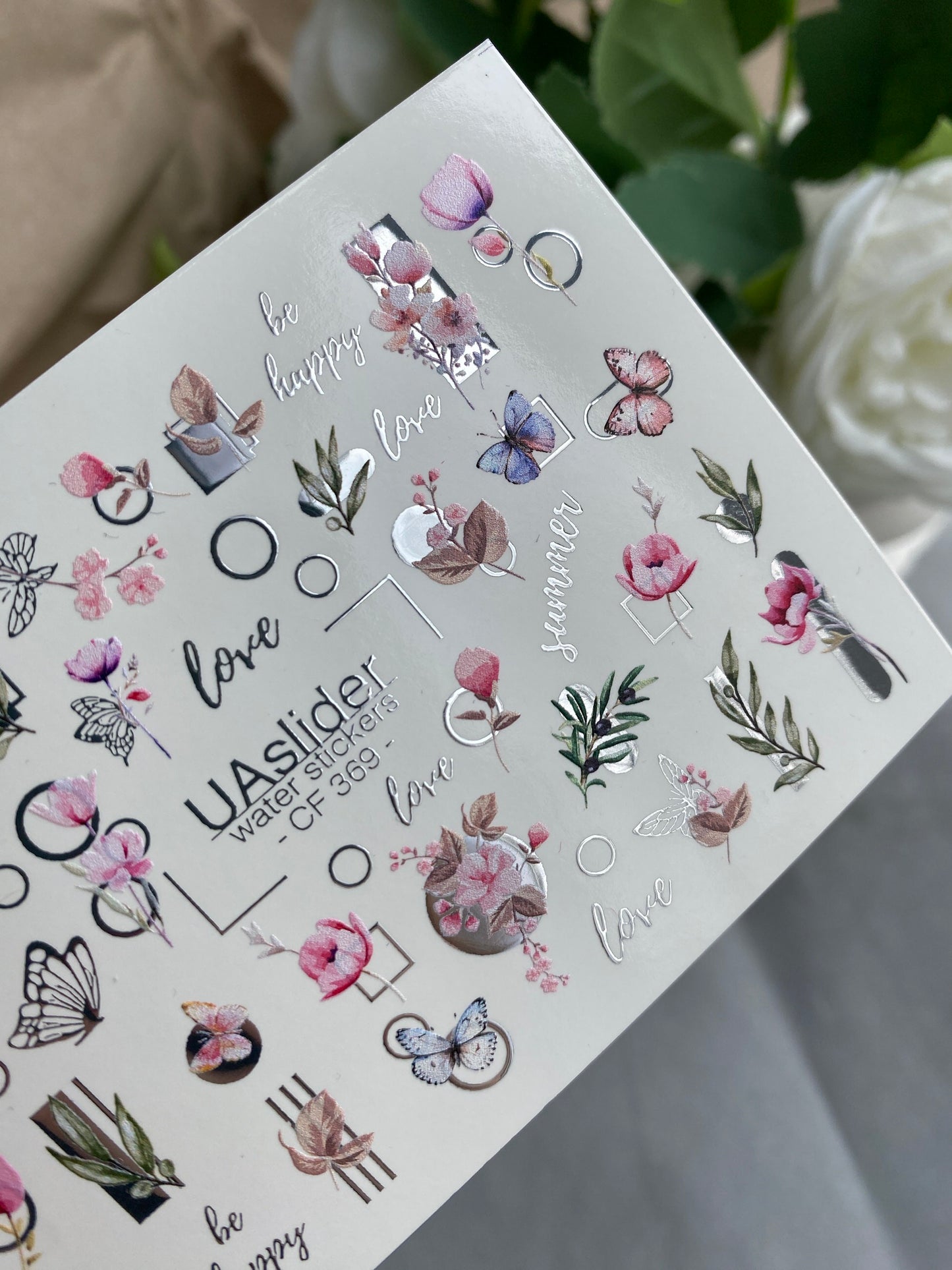 Nail Water Decal CF-369 | Water Slide Nail Decals | Flowers, Butterflies & Geometric Designs | Love & Be Happy Quotes