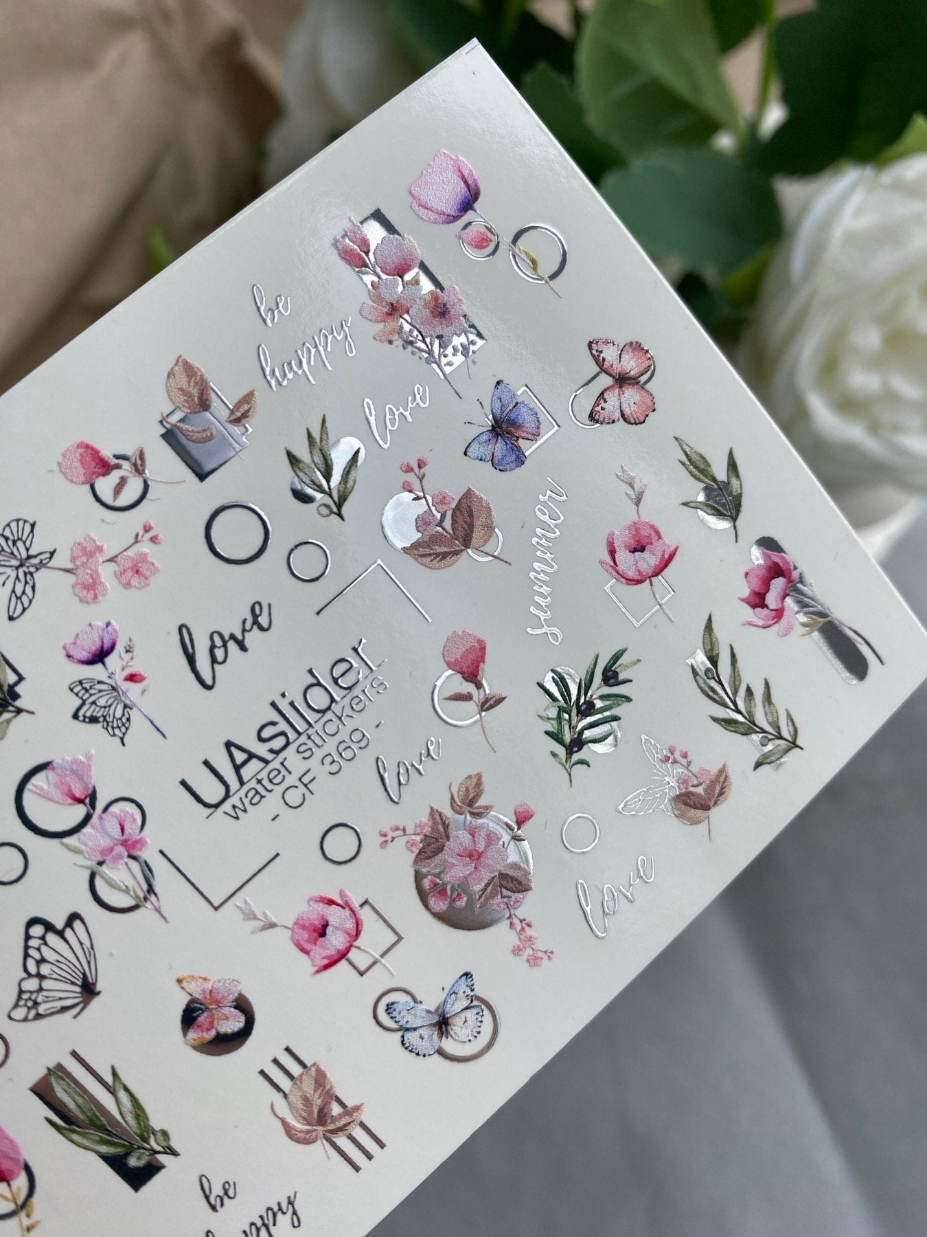 Nail Water Decal CF-369 | Water Slide Nail Decals | Flowers, Butterflies & Geometric Designs | Love & Be Happy Quotes - UASLIDER