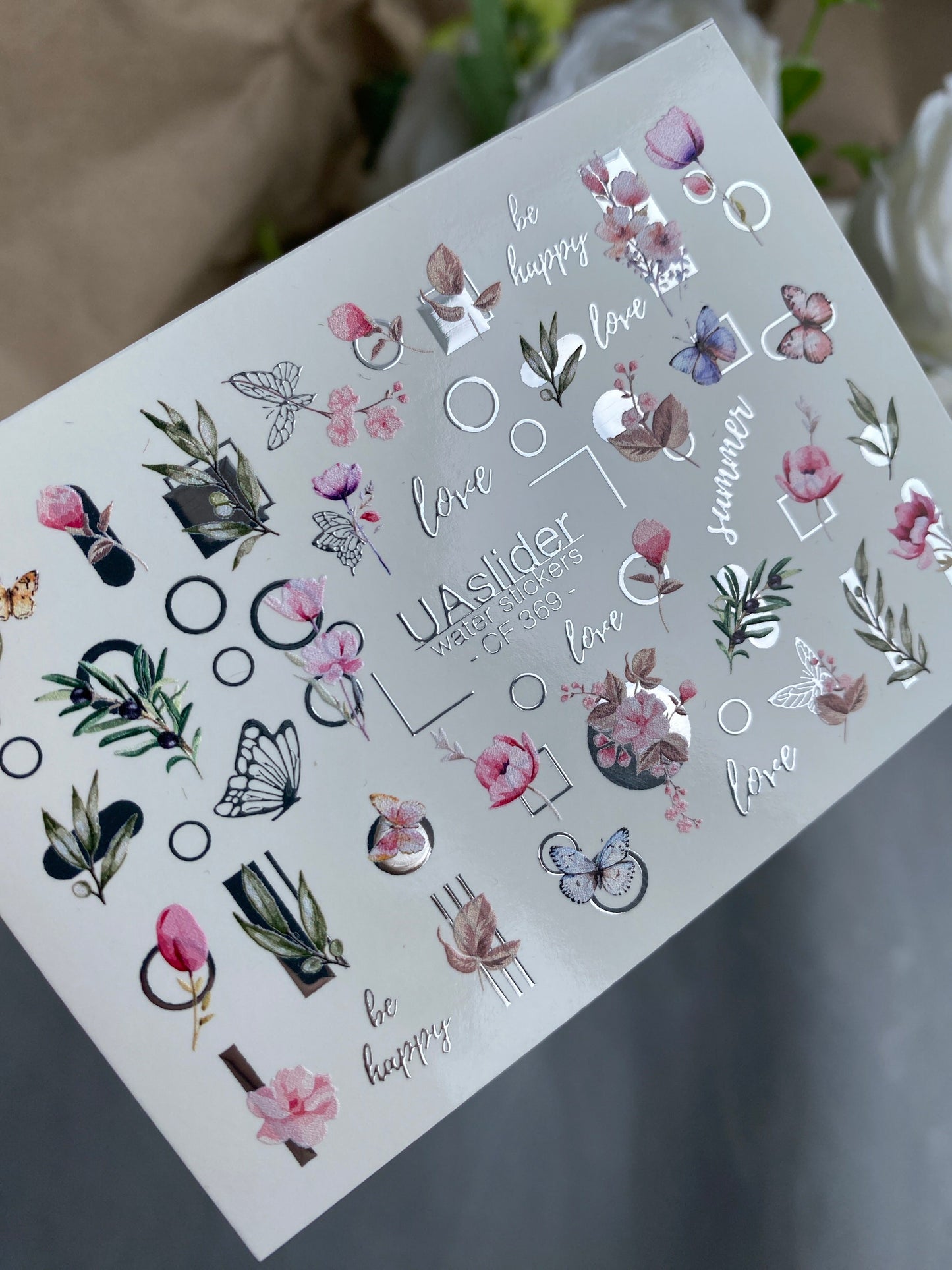 Nail Water Decal CF-369 | Water Slide Nail Decals | Flowers, Butterflies & Geometric Designs | Love & Be Happy Quotes
