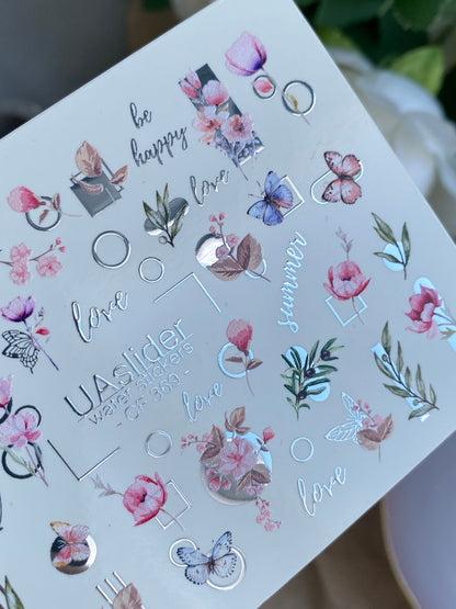 Nail Water Decal CF-369 | Water Slide Nail Decals | Flowers, Butterflies & Geometric Designs | Love & Be Happy Quotes