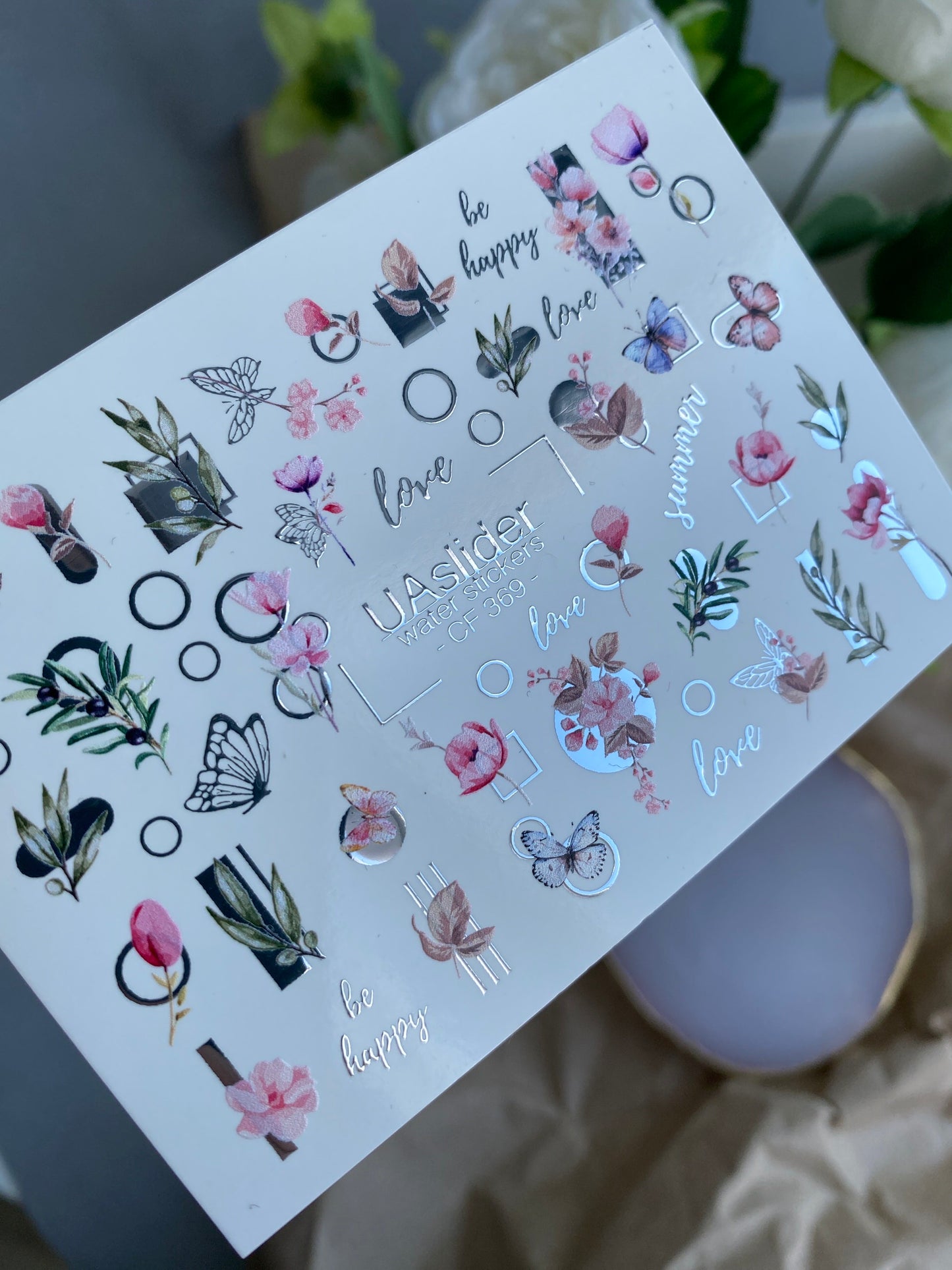 Nail Water Decal CF-369 | Water Slide Nail Decals | Flowers, Butterflies & Geometric Designs | Love & Be Happy Quotes