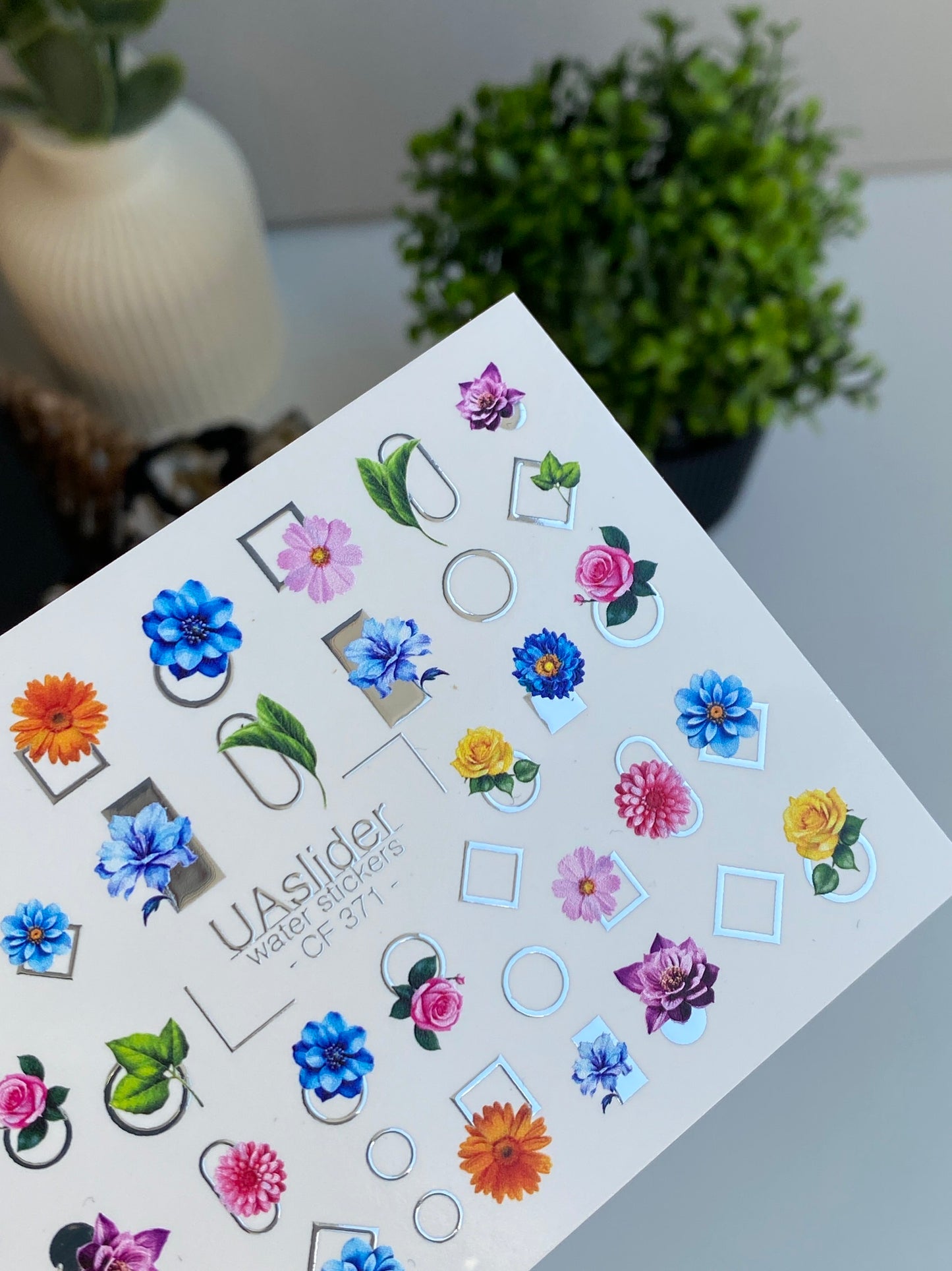 Nail Water Decal CF-371 | Water Slide Nail Decals | Colorful Flowers with Geometric Shapes | Summer Floral Nail Art