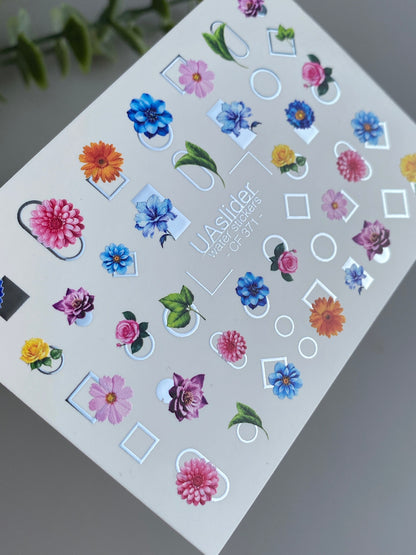 Nail Water Decal CF-371 | Water Slide Nail Decals | Colorful Flowers with Geometric Shapes | Summer Floral Nail Art