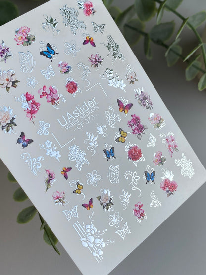 Decalcomanii de apă pentru unghii CF-373 | Decalcomanii florale pentru unghii cu alunecare pe apă | Fluturi și modele ornamentale