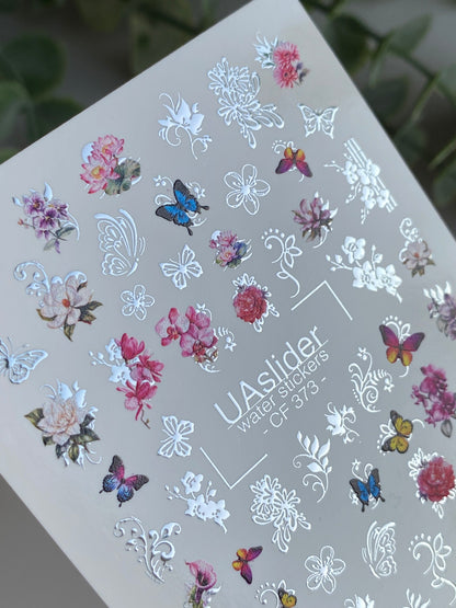 Decalcomanii de apă pentru unghii CF-373 | Decalcomanii florale pentru unghii cu alunecare pe apă | Fluturi și modele ornamentale