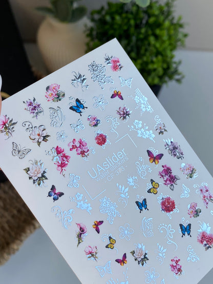 Decalcomanii de apă pentru unghii CF-373 | Decalcomanii florale pentru unghii cu alunecare pe apă | Fluturi și modele ornamentale