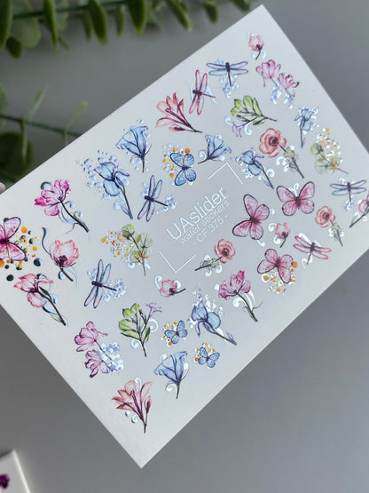 ネイルウォーターデカール CF-375 | 花のウォータースライドネイルデカール | 蝶とトンボ