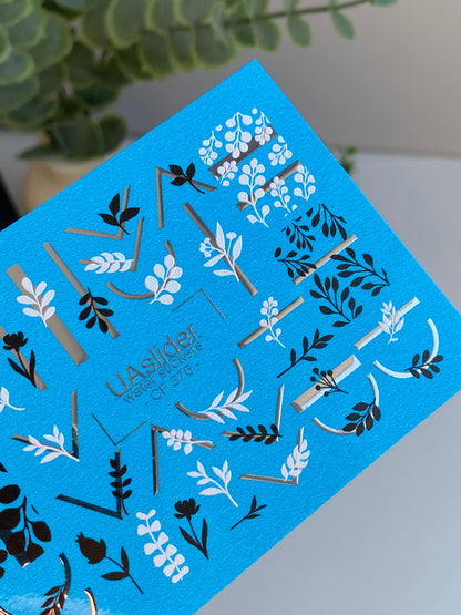 ملصق أظافر مائي CF-376 | ملصقات أظافر انزلاق مائي بسيطة | لمسات نباتية باللونين الأسود والأبيض