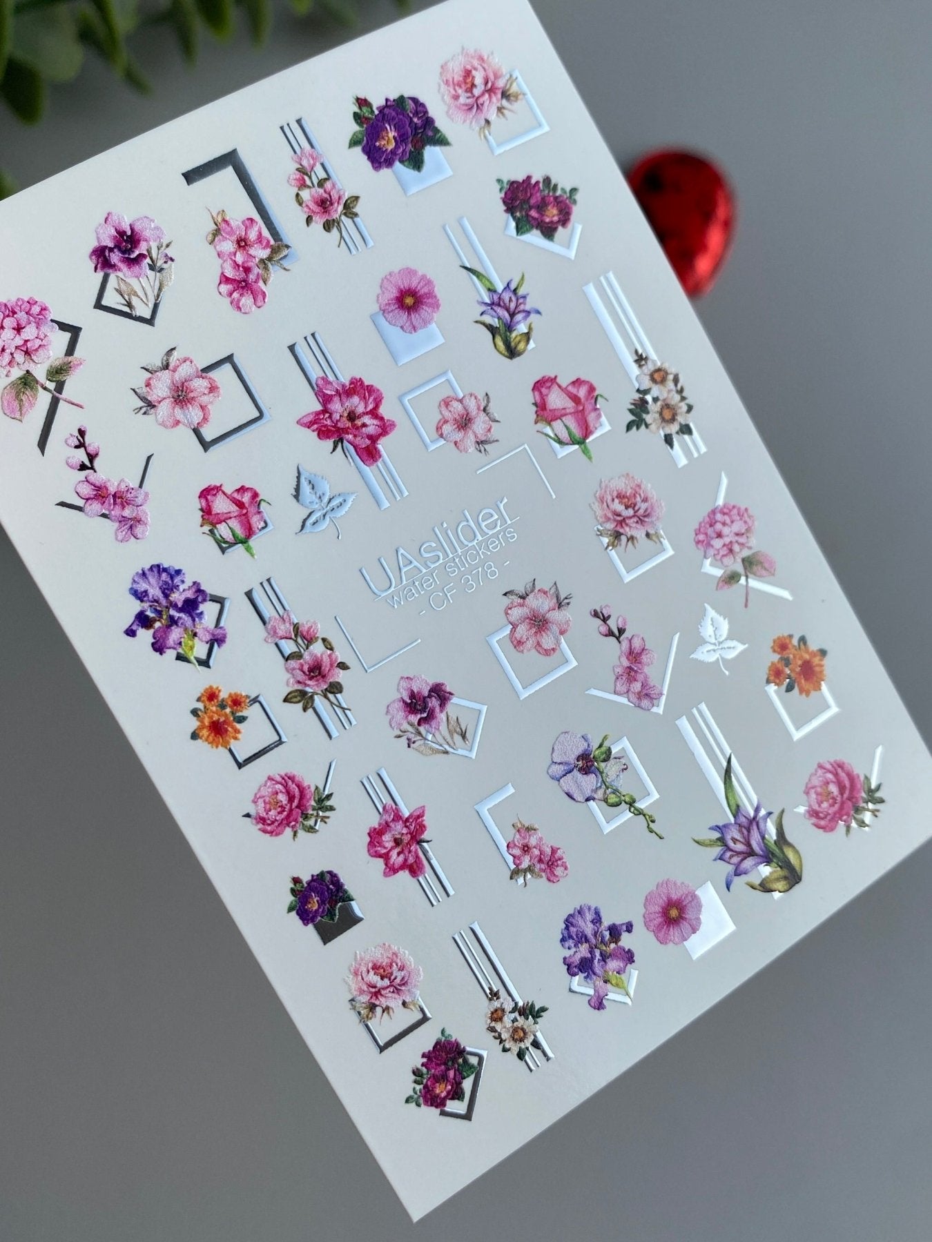 Nail Water Decal CF-378 | Floral Water Slide Nail Decals | Geometric Frames and Modern Blooms - UASLIDER