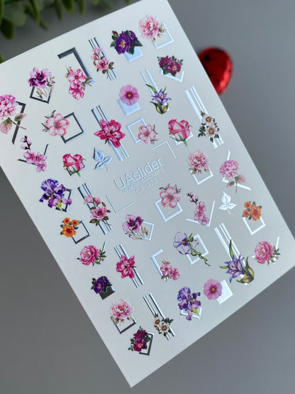 Nail Water Decal CF-378 | Floral Water Slide Nail Decals | Geometric Frames and Modern Blooms