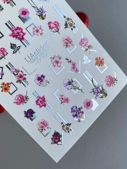Nail Water Decal CF-378 | Floral Water Slide Nail Decals | Geometric Frames and Modern Blooms
