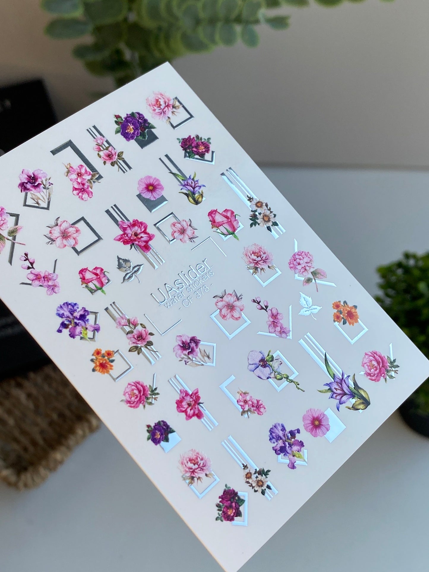Nail Water Decal CF-378 | Floral Water Slide Nail Decals | Geometric Frames and Modern Blooms