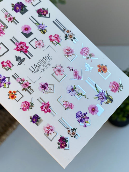 Nail Water Decal CF-378 | Floral Water Slide Nail Decals | Geometric Frames and Modern Blooms