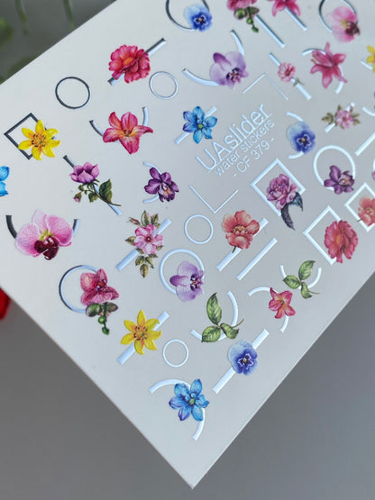 Nail Water Decal CF-379 | Colorful Floral Water Slide Nail Decals | Orchids with Geometric Accents