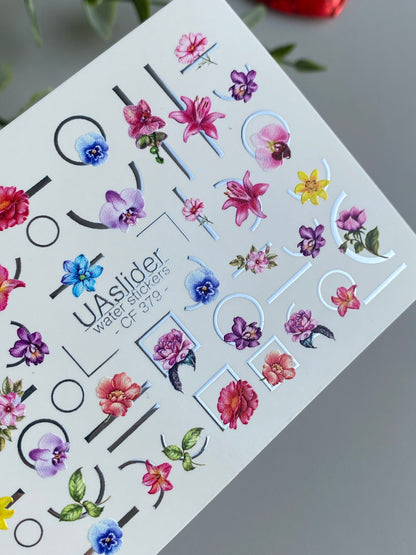 Nail Water Decal CF-379 | Colorful Floral Water Slide Nail Decals | Orchids with Geometric Accents