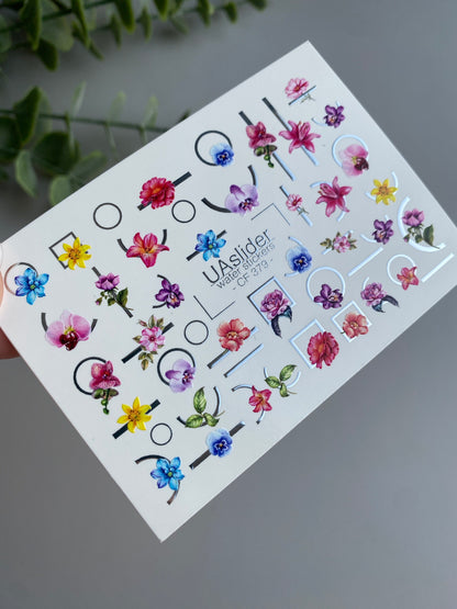 Nail Water Decal CF-379 | Colorful Floral Water Slide Nail Decals | Orchids with Geometric Accents