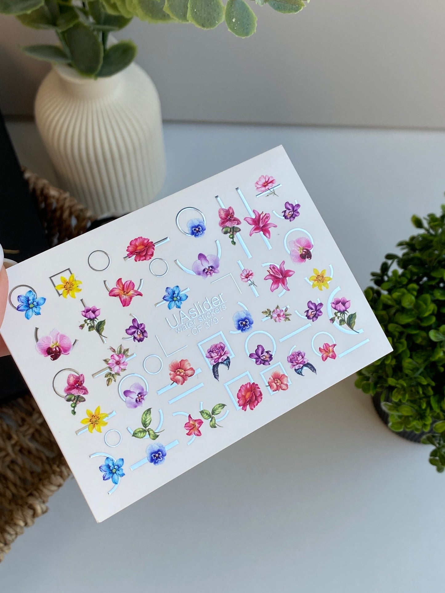 Nail Water Decal CF-379 | Colorful Floral Water Slide Nail Decals | Orchids with Geometric Accents