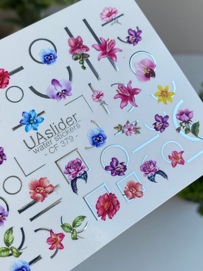 Nail Water Decal CF-379 | Colorful Floral Water Slide Nail Decals | Orchids with Geometric Accents