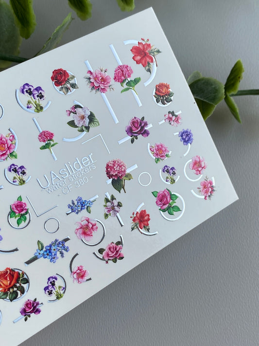 Nail Water Decal CF-380 | Rose Water Slide Nail Decals | Floral Designs with Geometric Accents
