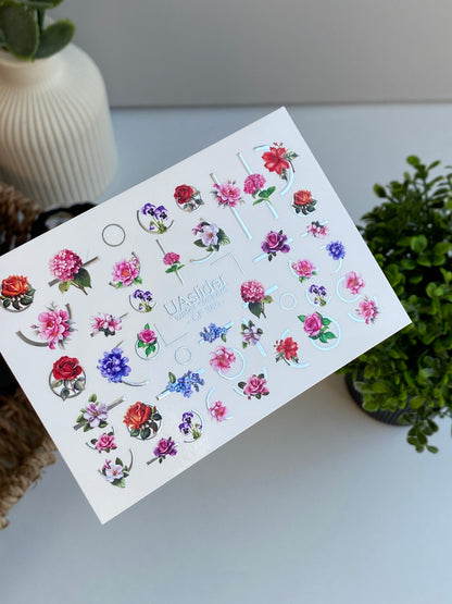 Nail Water Decal CF-380 | Rose Water Slide Nail Decals | Floral Designs with Geometric Accents