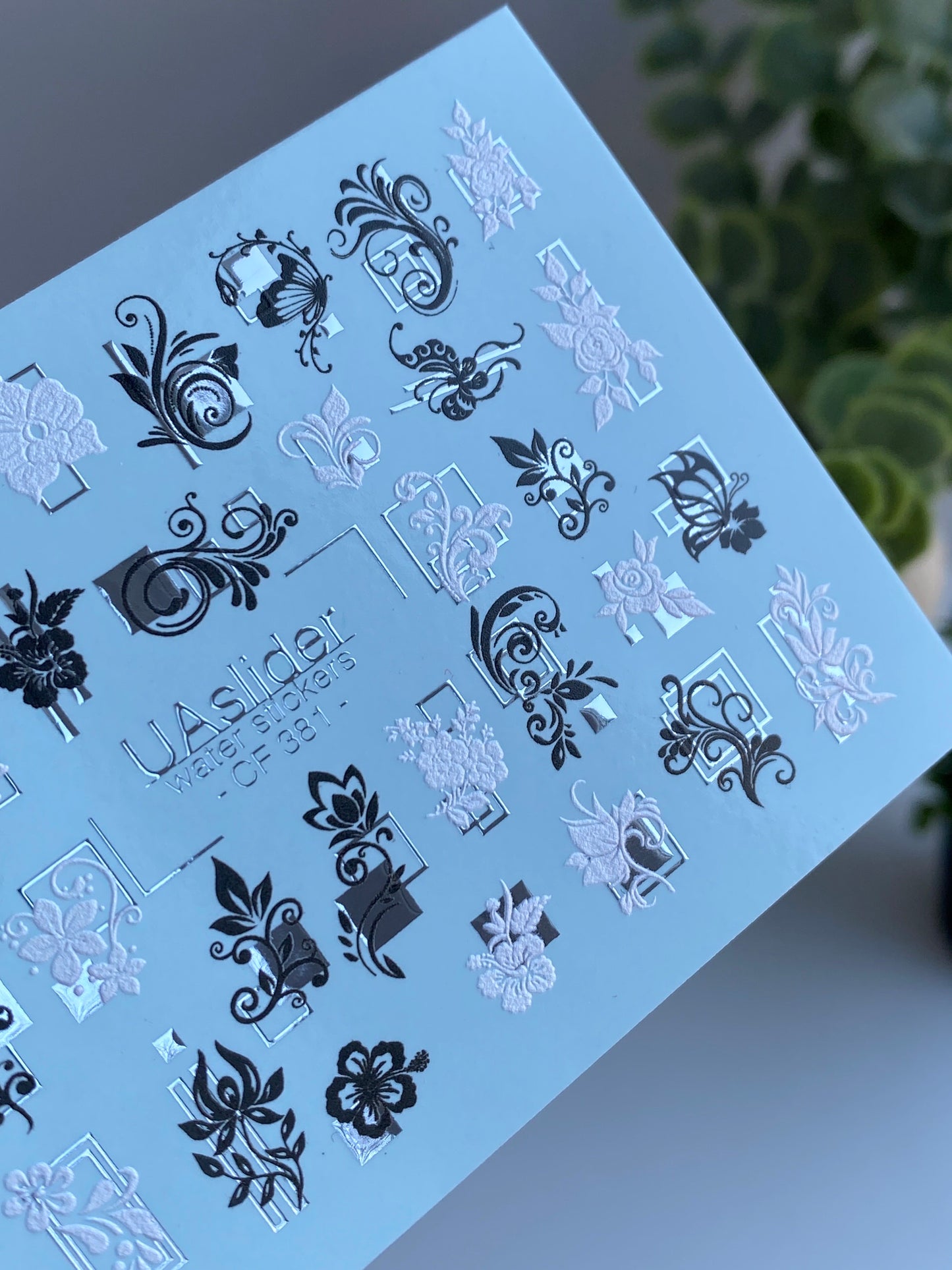 Nail Water Decal CF-381 | Ornamental Water Slide Nail Decals | Black and White Floral Frames