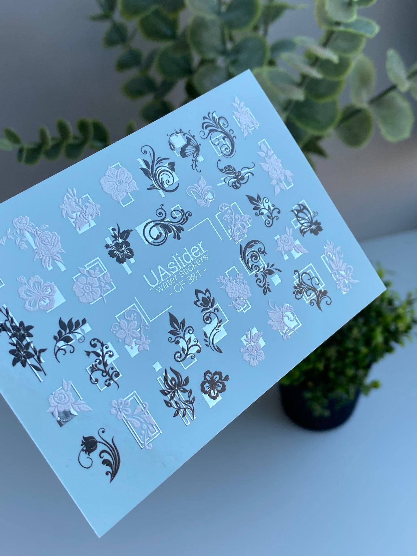 Nail Water Decal CF-381 | Ornamental Water Slide Nail Decals | Black and White Floral Frames