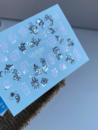 Nail Water Decal CF-381 | Ornamental Water Slide Nail Decals | Black and White Floral Frames