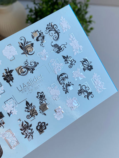 Nail Water Decal CF-381 | Ornamental Water Slide Nail Decals | Black and White Floral Frames