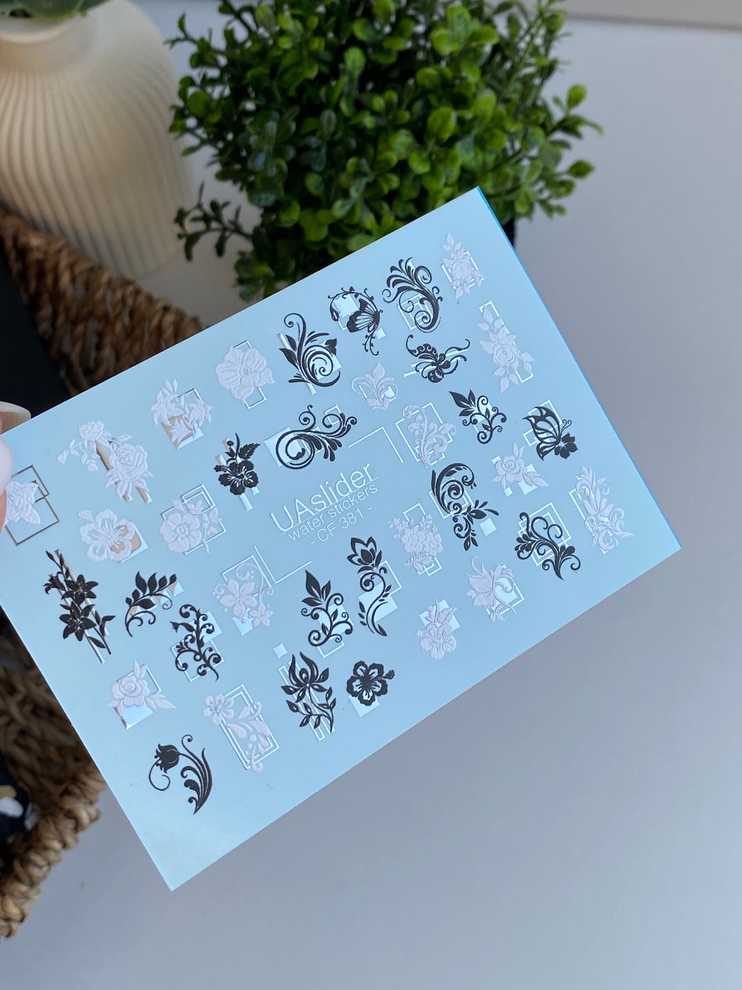 Nail Water Decal CF-381 | Ornamental Water Slide Nail Decals | Black and White Floral Frames