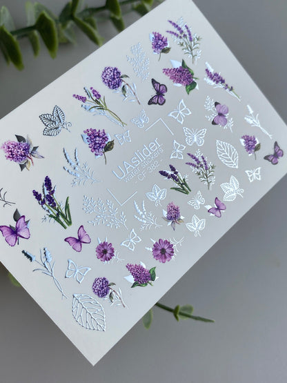 Nail Water Decal CF-382 | Lavender Water Slide Nail Decals | Purple Flowers and Butterflies