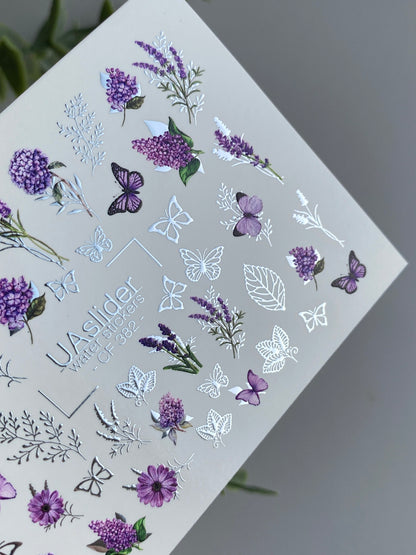 Nail Water Decal CF-382 | Lavender Water Slide Nail Decals | Purple Flowers and Butterflies