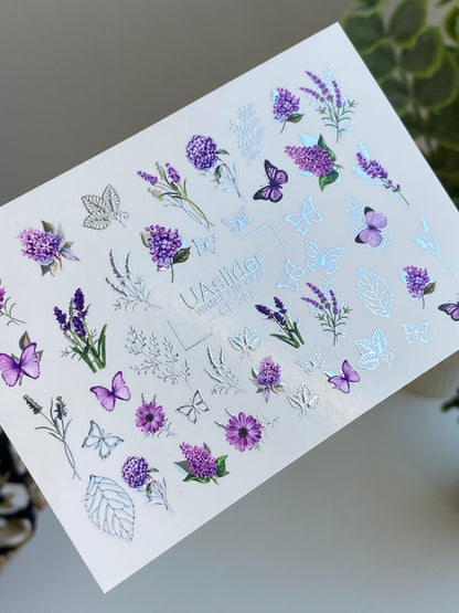 Nail Water Decal CF-382 | Lavender Water Slide Nail Decals | Purple Flowers and Butterflies
