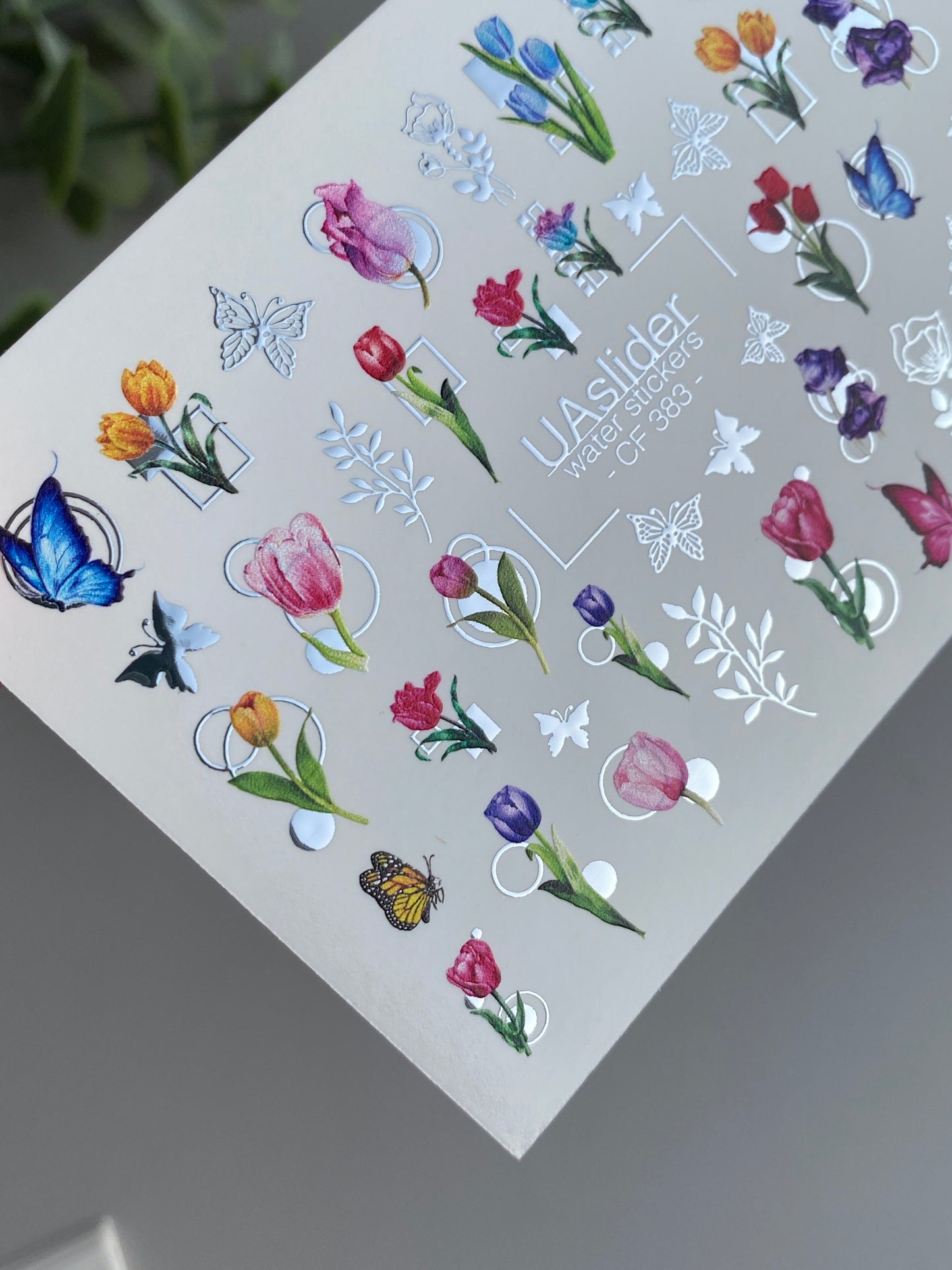 Nail Water Decal CF-383 | Tulip Water Slide Nail Decals | Colorful Spring Flowers and Butterflies