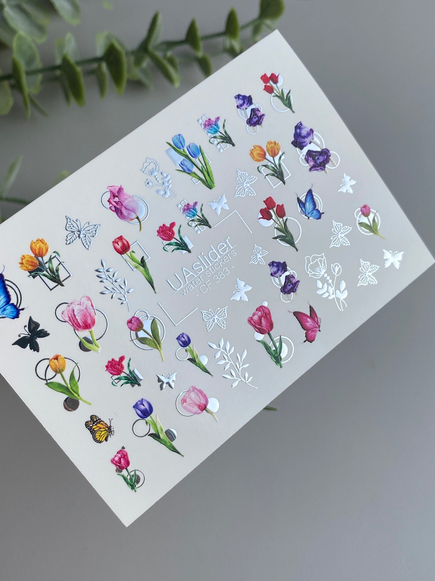 Nail Water Decal CF-383 | Tulip Water Slide Nail Decals | Colorful Spring Flowers and Butterflies