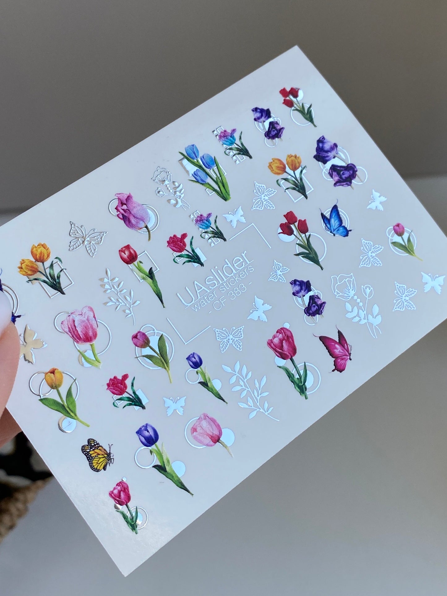 Nail Water Decal CF-383 | Tulip Water Slide Nail Decals | Colorful Spring Flowers and Butterflies