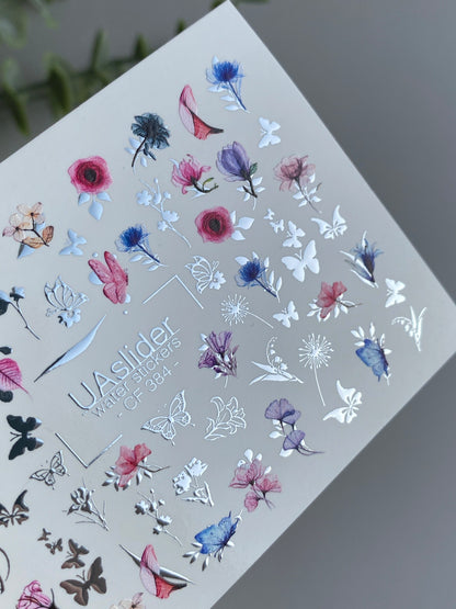 Nail Water Decal CF-384 | Wildflower Water Slide Nail Decals | Colorful Flowers and Butterflies