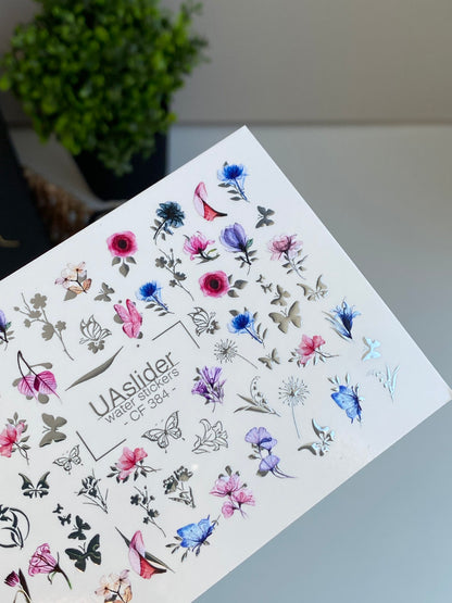 Nail Water Decal CF-384 | Wildflower Water Slide Nail Decals | Colorful Flowers and Butterflies