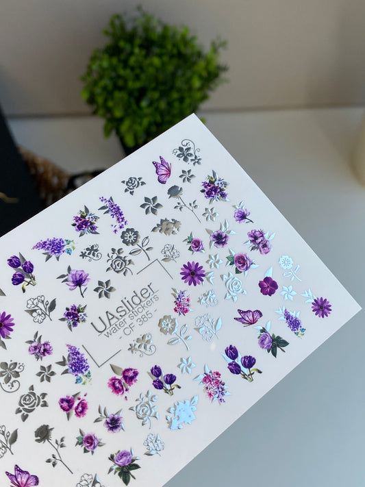 Nail Water Decal CF-385 | Purple Floral Water Slide Nail Decals | Roses, Lavender and Butterflies