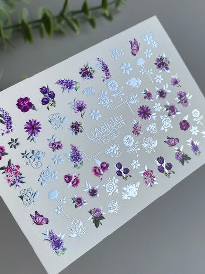 Nail Water Decal CF-385 | Purple Floral Water Slide Nail Decals | Roses, Lavender and Butterflies