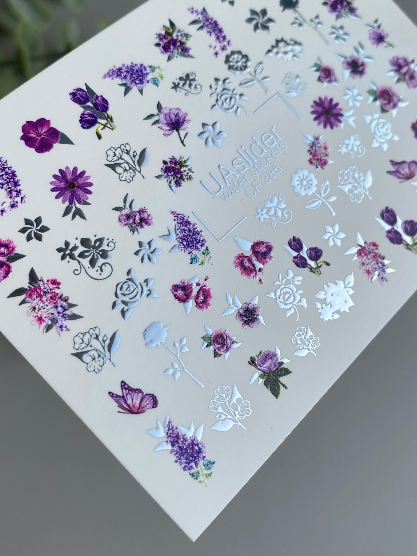 Nail Water Decal CF-385 | Purple Floral Water Slide Nail Decals | Roses, Lavender and Butterflies