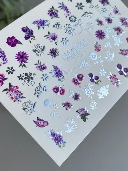 Nail Water Decal CF-385 | Purple Floral Water Slide Nail Decals | Roses, Lavender and Butterflies