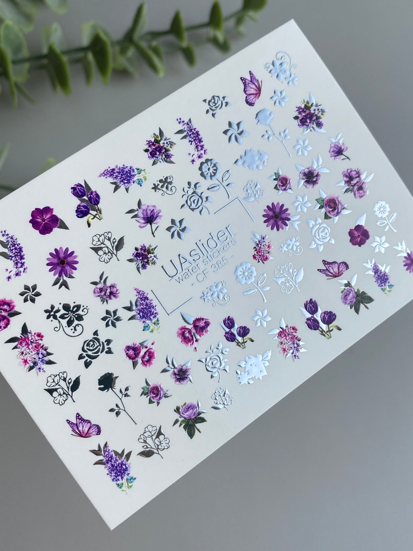 Nail Water Decal CF-385 | Purple Floral Water Slide Nail Decals | Roses, Lavender and Butterflies
