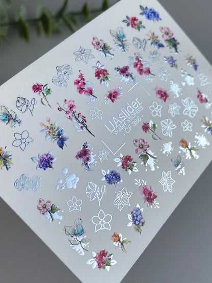 Nail Water Decal CF-386 | Multicolor Floral Water Slide Nail Decals | Botanical Flowers and Garden Motifs