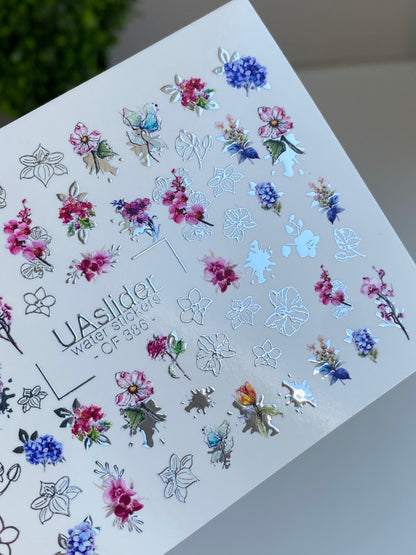 Nail Water Decal CF-386 | Multicolor Floral Water Slide Nail Decals | Botanical Flowers and Garden Motifs