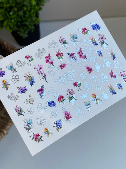 Nail Water Decal CF-386 | Multicolor Floral Water Slide Nail Decals | Botanical Flowers and Garden Motifs