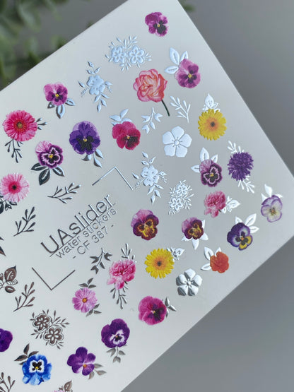 Nail Water Decal CF-387 | Colorful Garden Water Slide Nail Decals | Violets, Daisies and Wildflowers