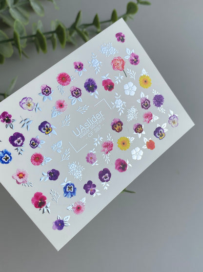 Nail Water Decal CF-387 | Colorful Garden Water Slide Nail Decals | Violets, Daisies and Wildflowers