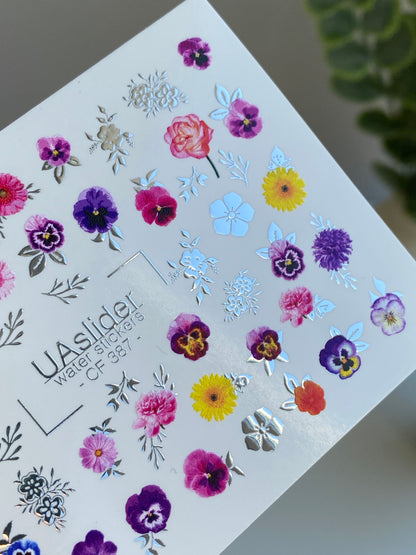Nail Water Decal CF-387 | Colorful Garden Water Slide Nail Decals | Violets, Daisies and Wildflowers