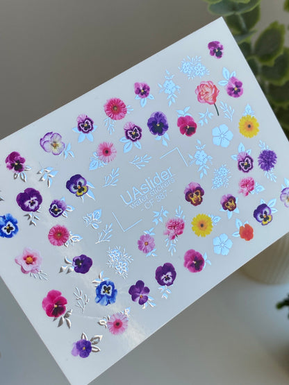 Nail Water Decal CF-387 | Colorful Garden Water Slide Nail Decals | Violets, Daisies and Wildflowers
